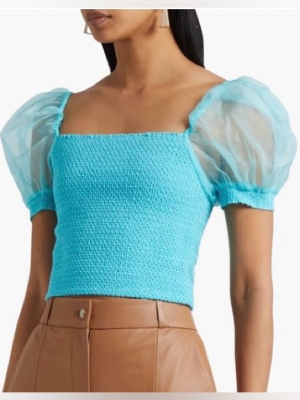 Alice + Olivia Aqua Eliana Puff-Sleeve Smocked Silk Trim Top SP